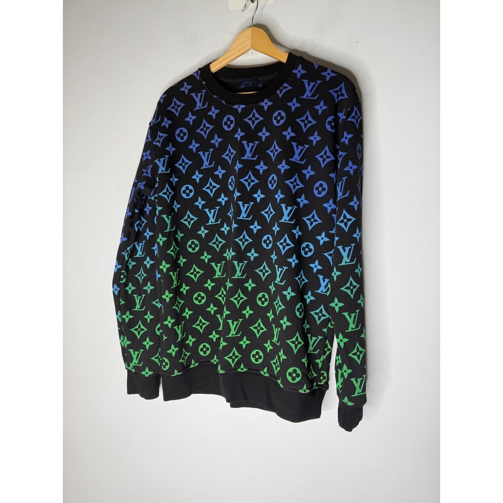 Louis Vuitton Mens XL Black Gradient Monogram Sweatshirt Blue Green RM141M